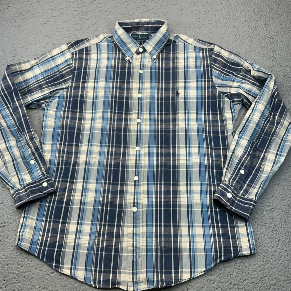 Ralph Lauren Button Down Mens Large Blue Plaid Custom Fit Long Sleeve Pony Logo
